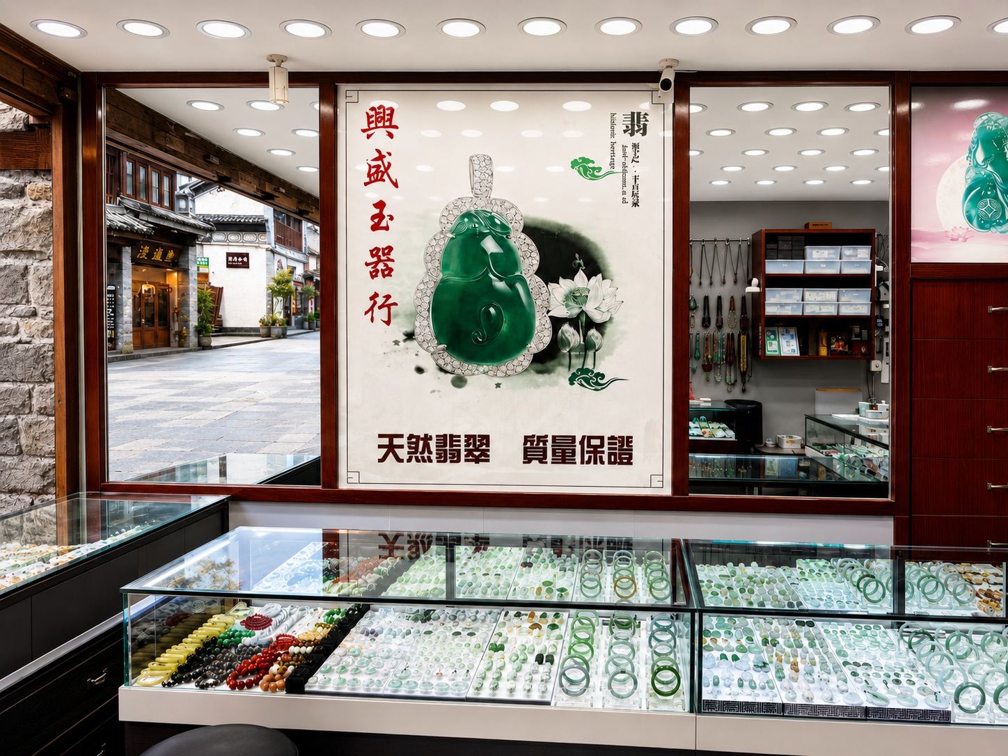 The interior of Xing Sheng Jade in Dali, with jadeite displayed in glass counters